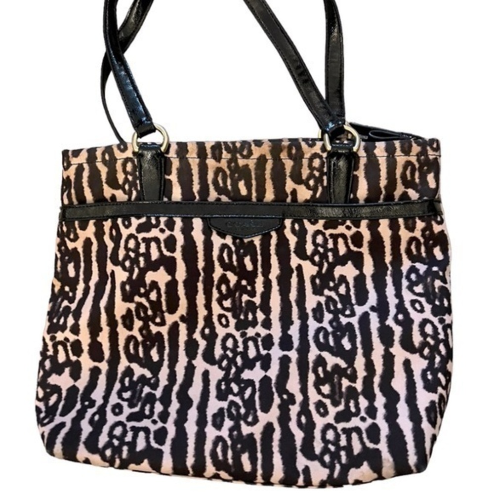 COACH Signature Ocelot Mudcloth Nylon Tote Purse w/ Patent Leather Trim